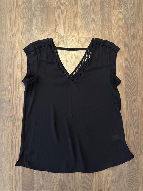 DR2 Tops - DR2 Black V-Neck Cap Sleeve Blouse with Ladder Trim